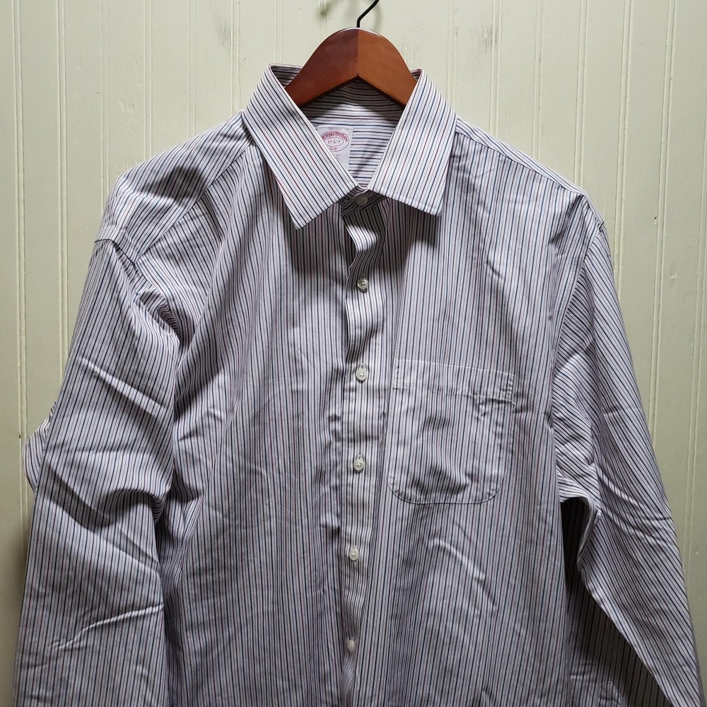 Brooks Brothers 346 Dress Shirt Mens 17 White Stripe Regular Non Iron Cotton LS